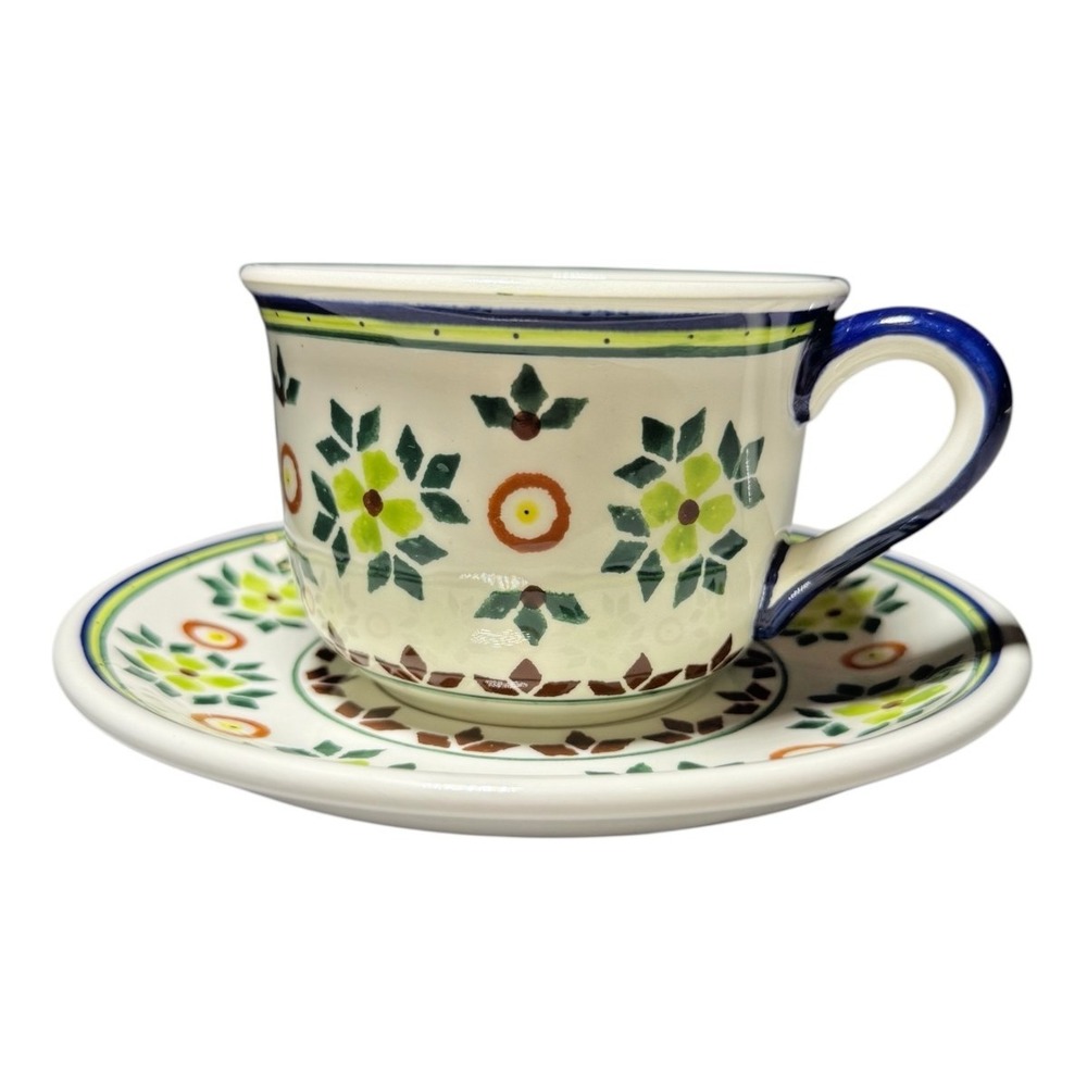 Vintage Polish Pottery Quilt Holiday Pattern  Tea Cup & Saucer Signed & Stamped